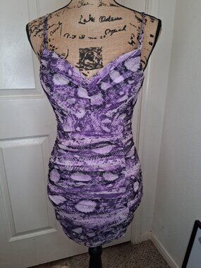 Purple Snakeskin Ruched Bodycon Mini Dress Spaghetti Strap Size M